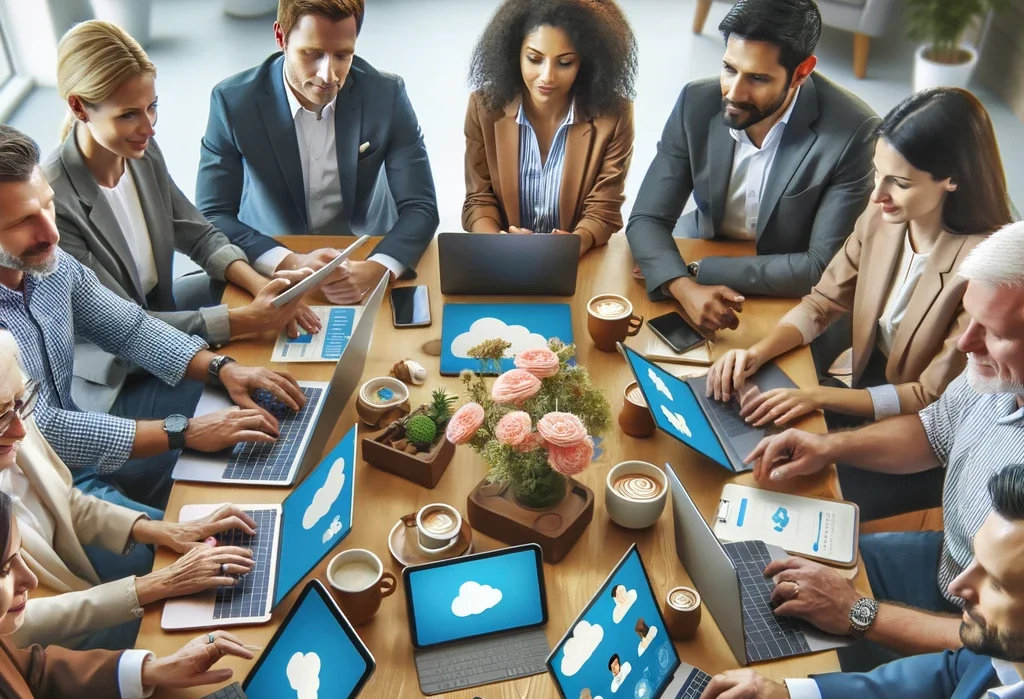 business team at a table discussing new features available