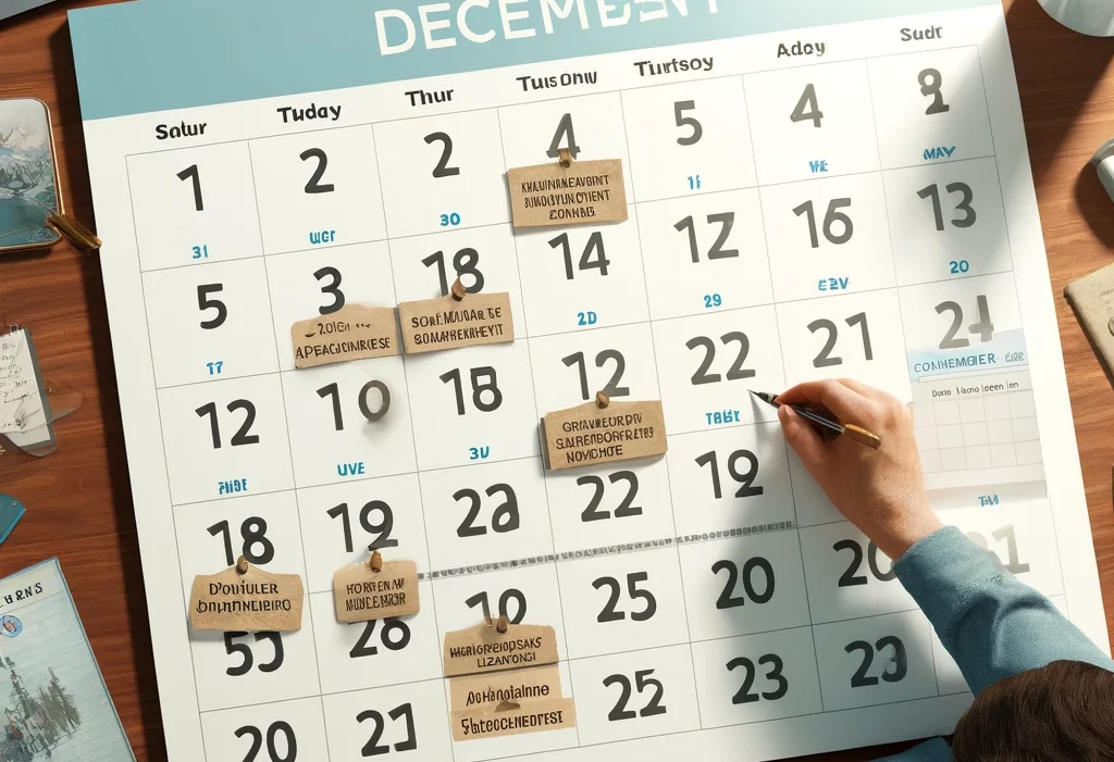 A calendar with marked dates of implementation dates for planning purposes