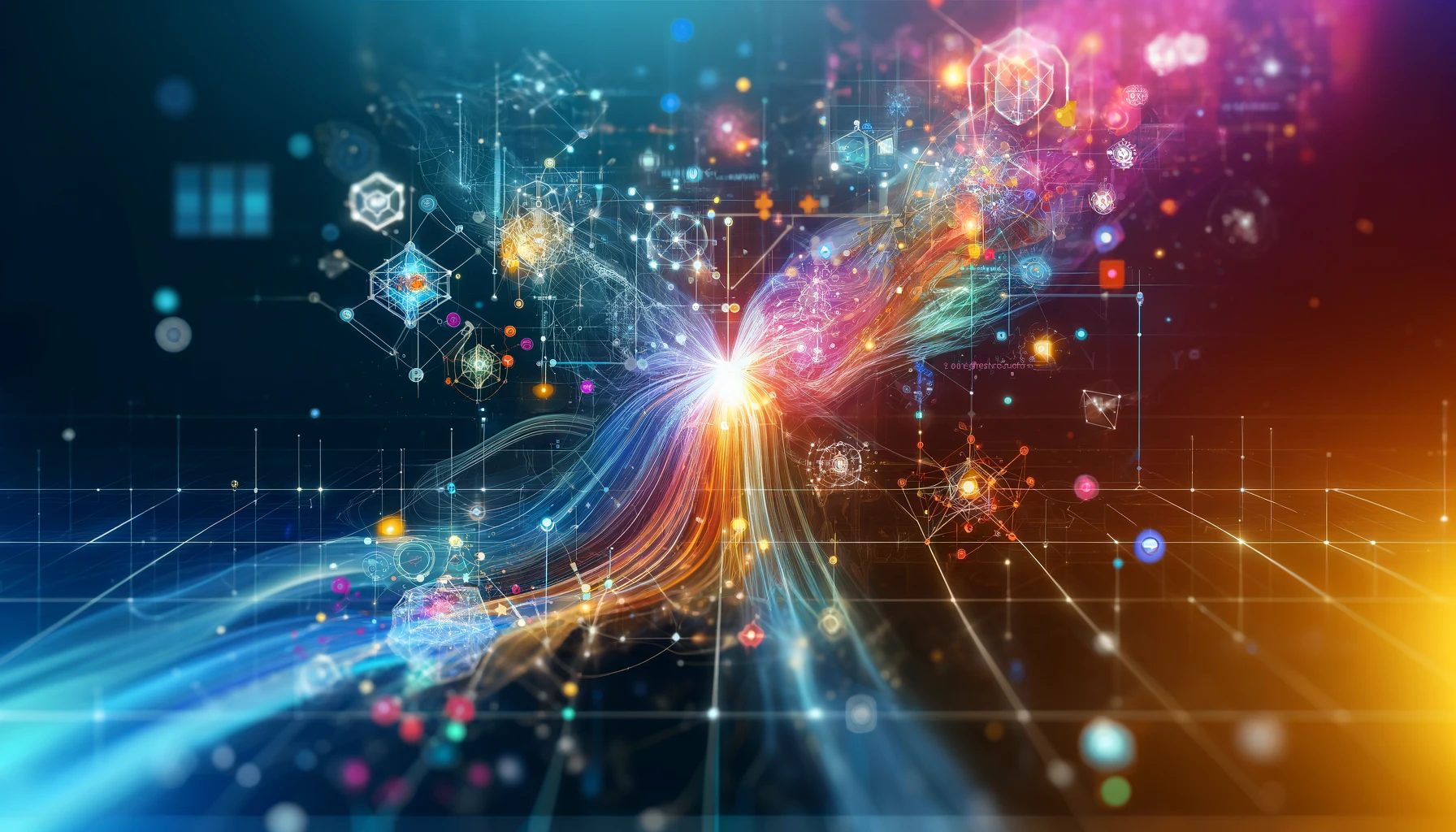 Abstract representation of AI data flow, featuring interconnected nodes and vibrant data streams